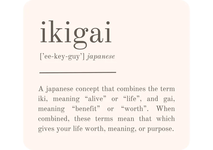Ikigai, a Japanese concept combining iki, meaning alive or life, and gai, meaning benefit or worth.